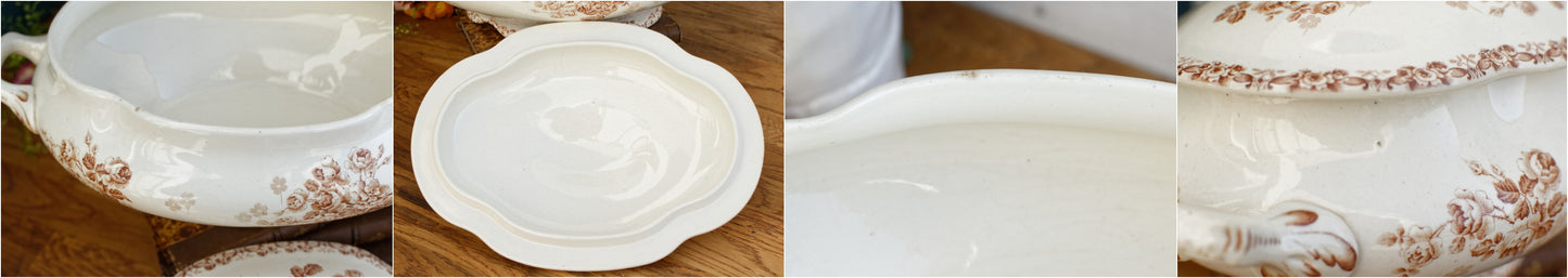 LUCIE Terre de Fer H.B. & Cie (Hautin, Boulenger) Choisy-Le-Roi French Antique Ironstone Brown Transferware Soup Tureen Soupiere Plate Faience