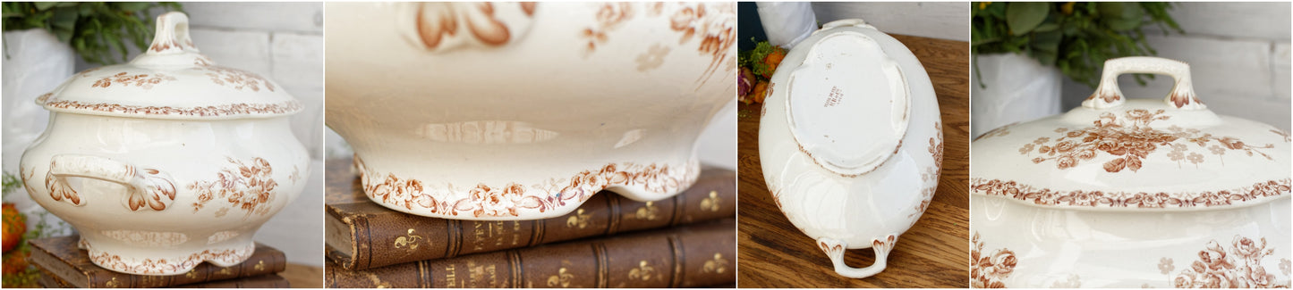 LUCIE Terre de Fer H.B. & Cie (Hautin, Boulenger) Choisy-Le-Roi French Antique Ironstone Brown Transferware Soup Tureen Soupiere Plate Faience