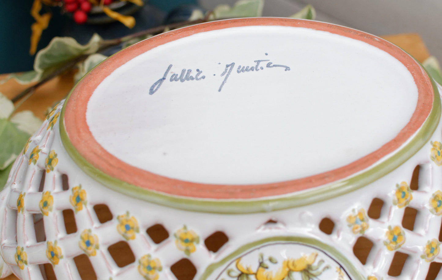 1970s Moustiers signed by LALLIER A MOUSTIERS French Vintage Collectible Hand-Painted Faïence Basket Weave Corbielle Peint a la Main