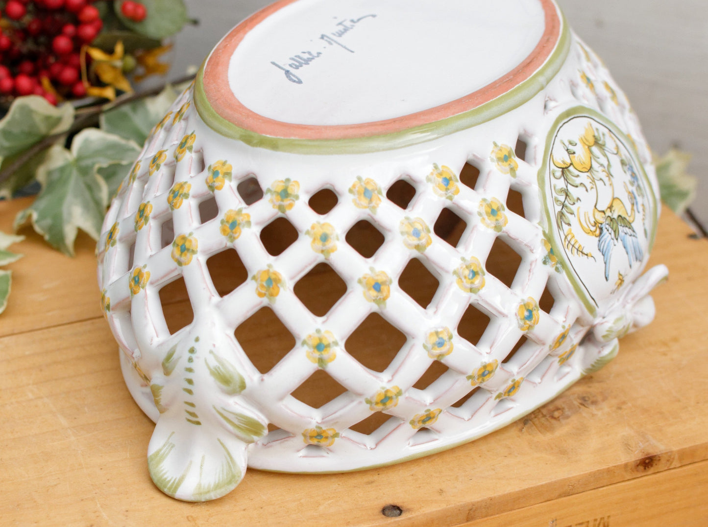 1970s Moustiers signed by LALLIER A MOUSTIERS French Vintage Collectible Hand-Painted Faïence Basket Weave Corbielle Peint a la Main