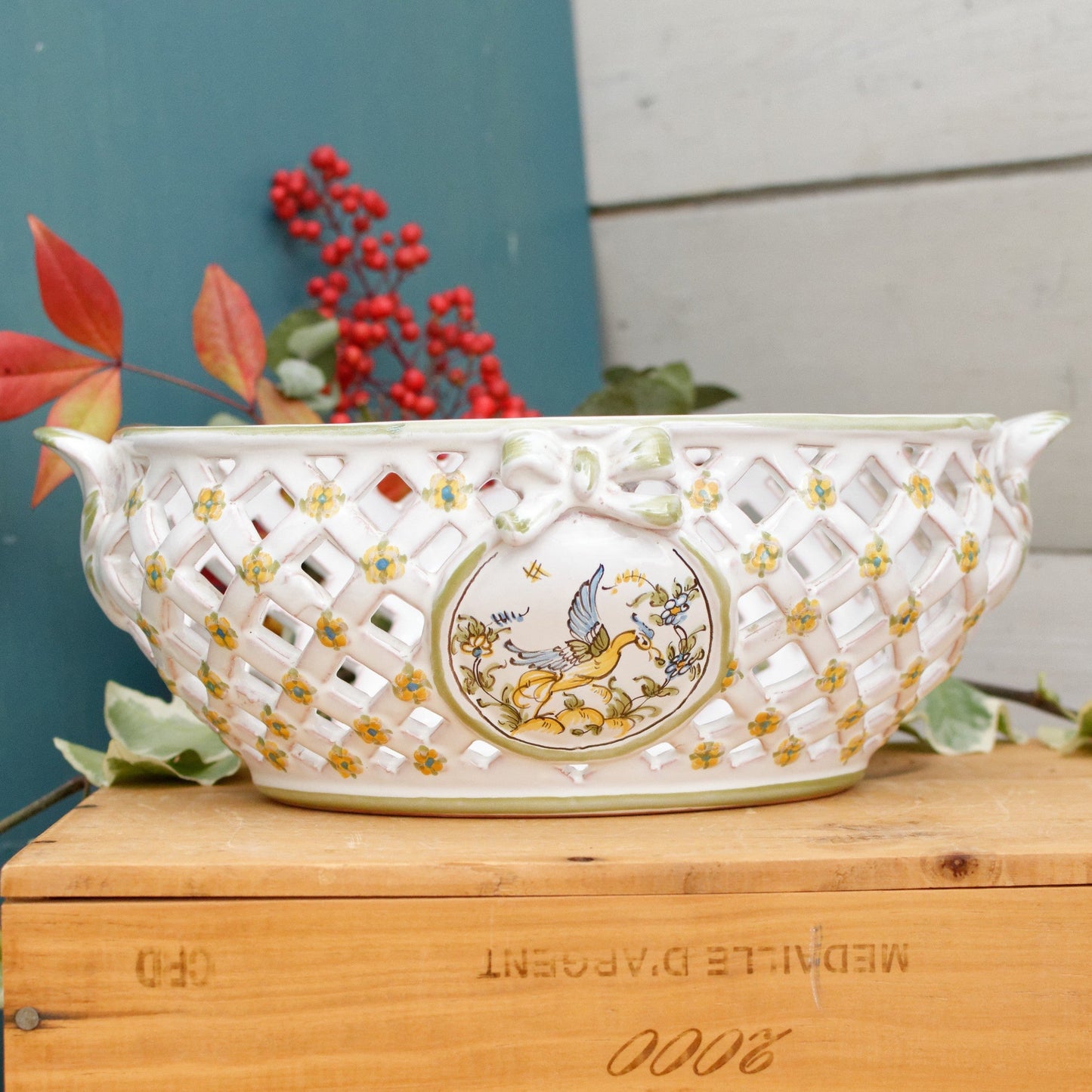 1970s Moustiers signed by LALLIER A MOUSTIERS French Vintage Collectible Hand-Painted Faïence Basket Weave Corbielle Peint a la Main