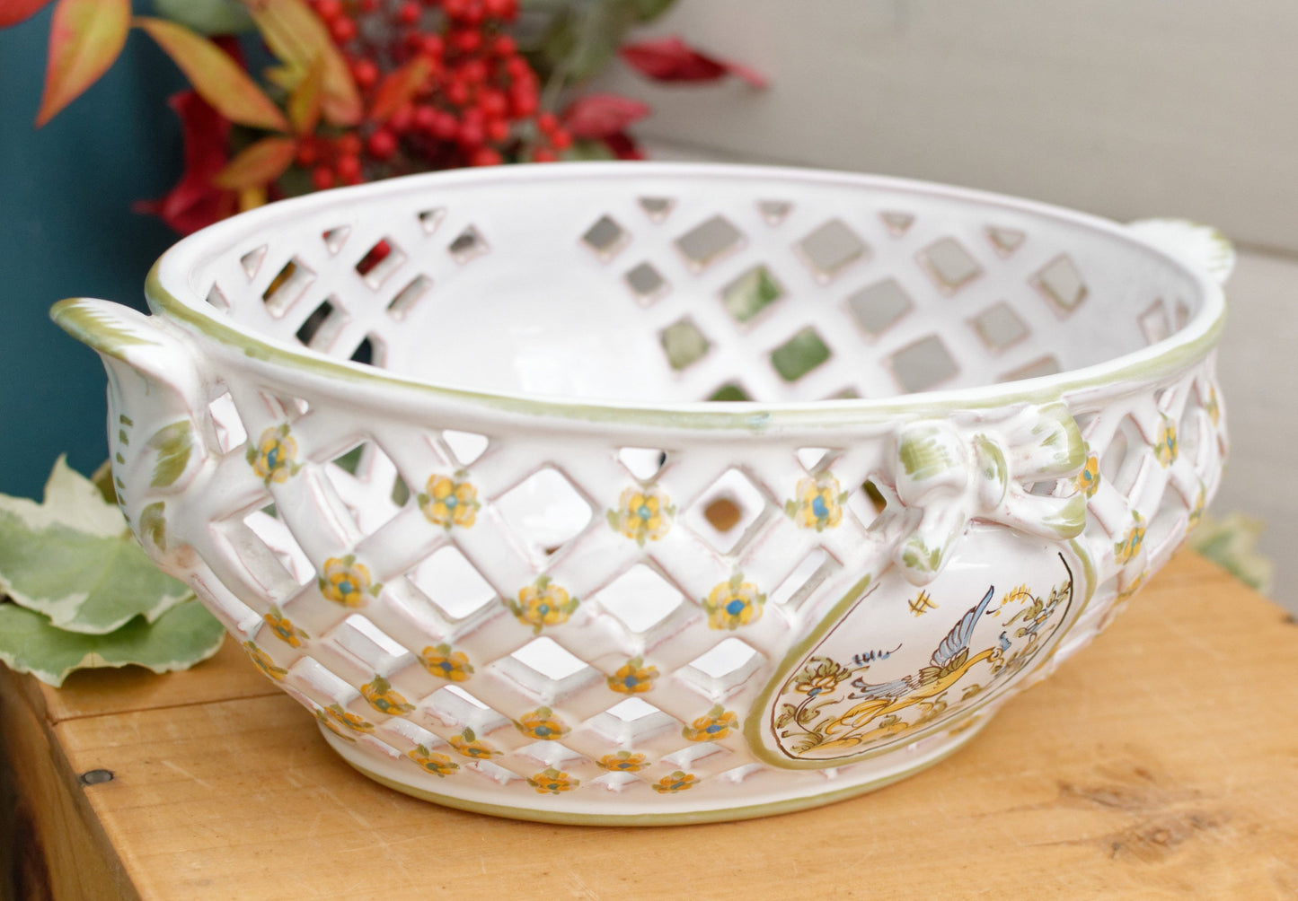 1970s Moustiers signed by LALLIER A MOUSTIERS French Vintage Collectible Hand-Painted Faïence Basket Weave Corbielle Peint a la Main