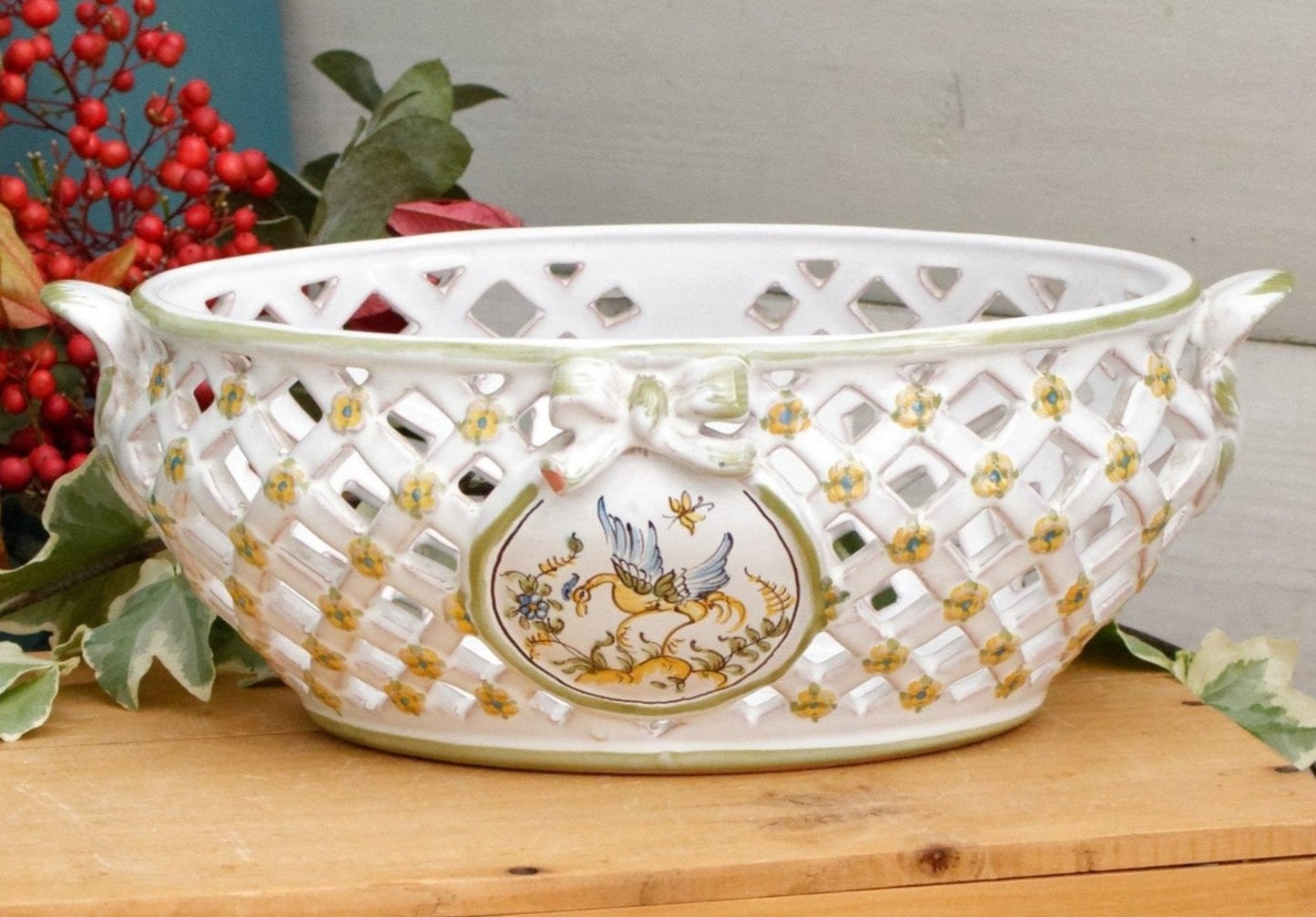 1970s Moustiers signed by LALLIER A MOUSTIERS French Vintage Collectible Hand-Painted Faïence Basket Weave Corbielle Peint a la Main