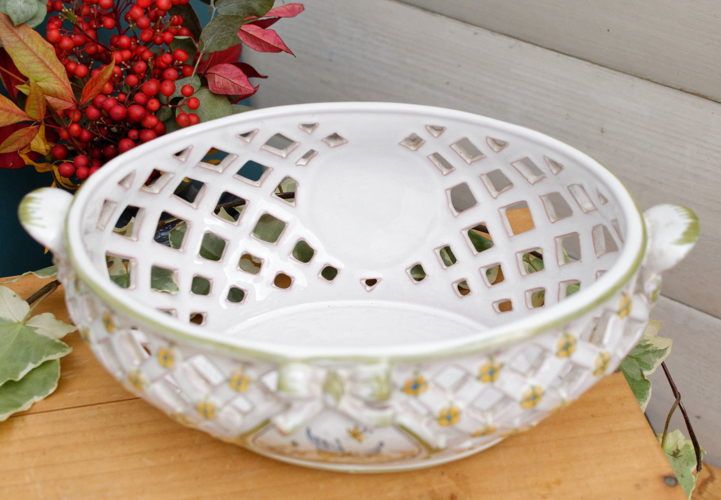 1970s Moustiers signed by LALLIER A MOUSTIERS French Vintage Collectible Hand-Painted Faïence Basket Weave Corbielle Peint a la Main