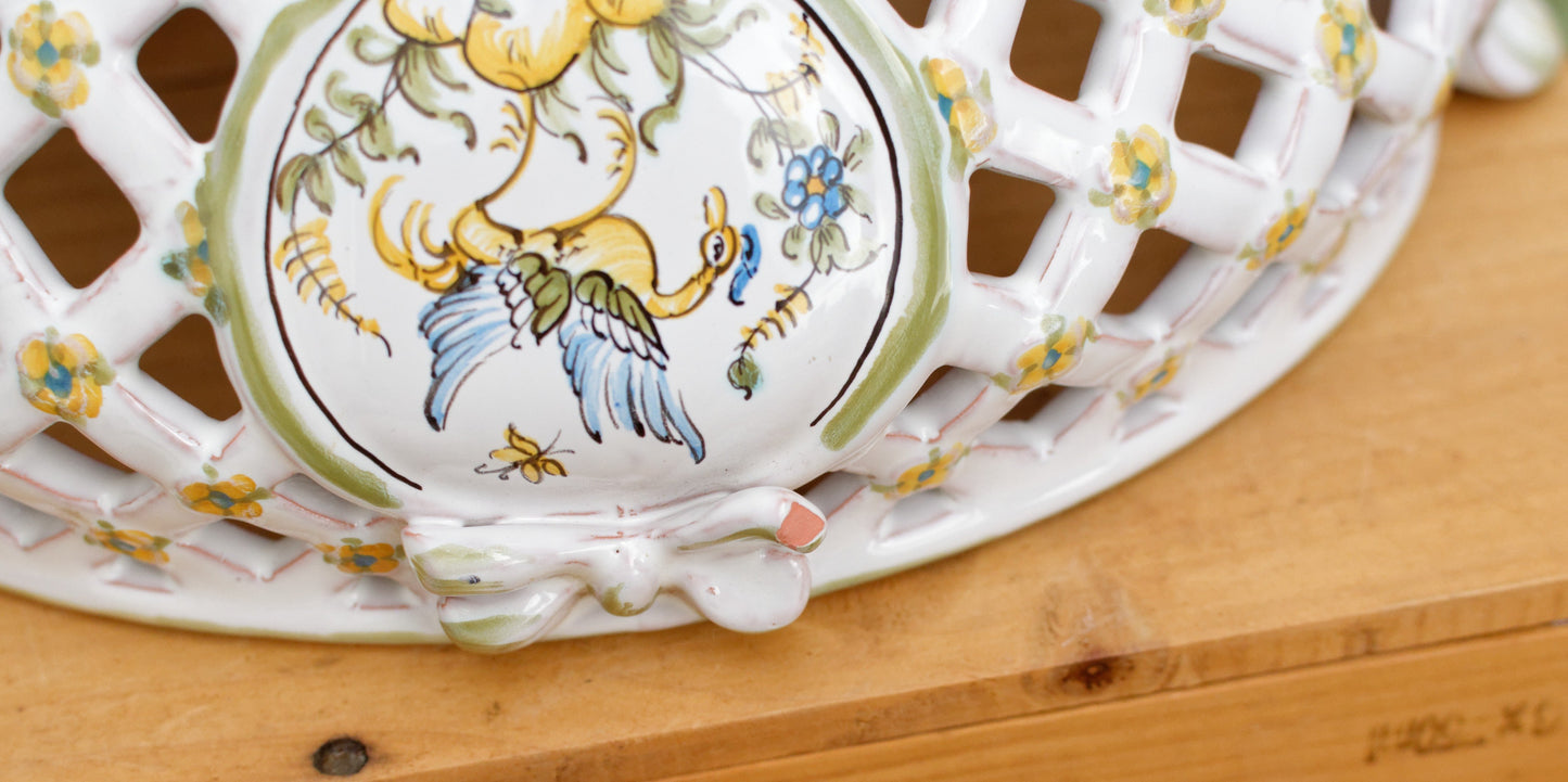 1970s Moustiers signed by LALLIER A MOUSTIERS French Vintage Collectible Hand-Painted Faïence Basket Weave Corbielle Peint a la Main