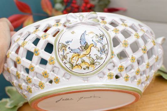 1970s Moustiers signed by LALLIER A MOUSTIERS French Vintage Collectible Hand-Painted Faïence Basket Weave Corbielle Peint a la Main