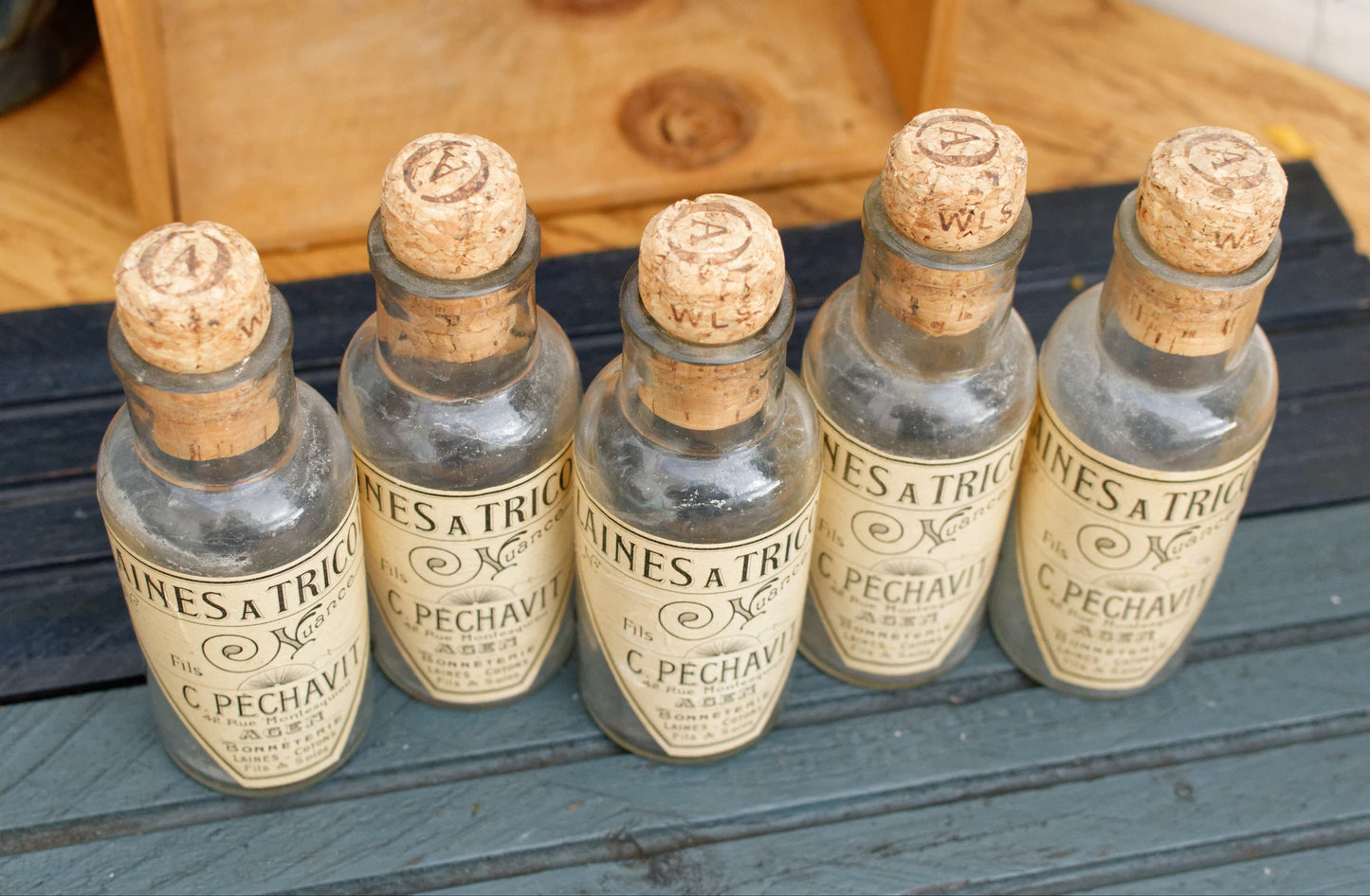 French Vintage Collectible Advertising Glass Bottle Set of 5 Bonneterie LAINE COTONS FILS & SOIES Laines au Tricot Fils Nuance C Pechavit 42 Rue Montesquieu AGEN