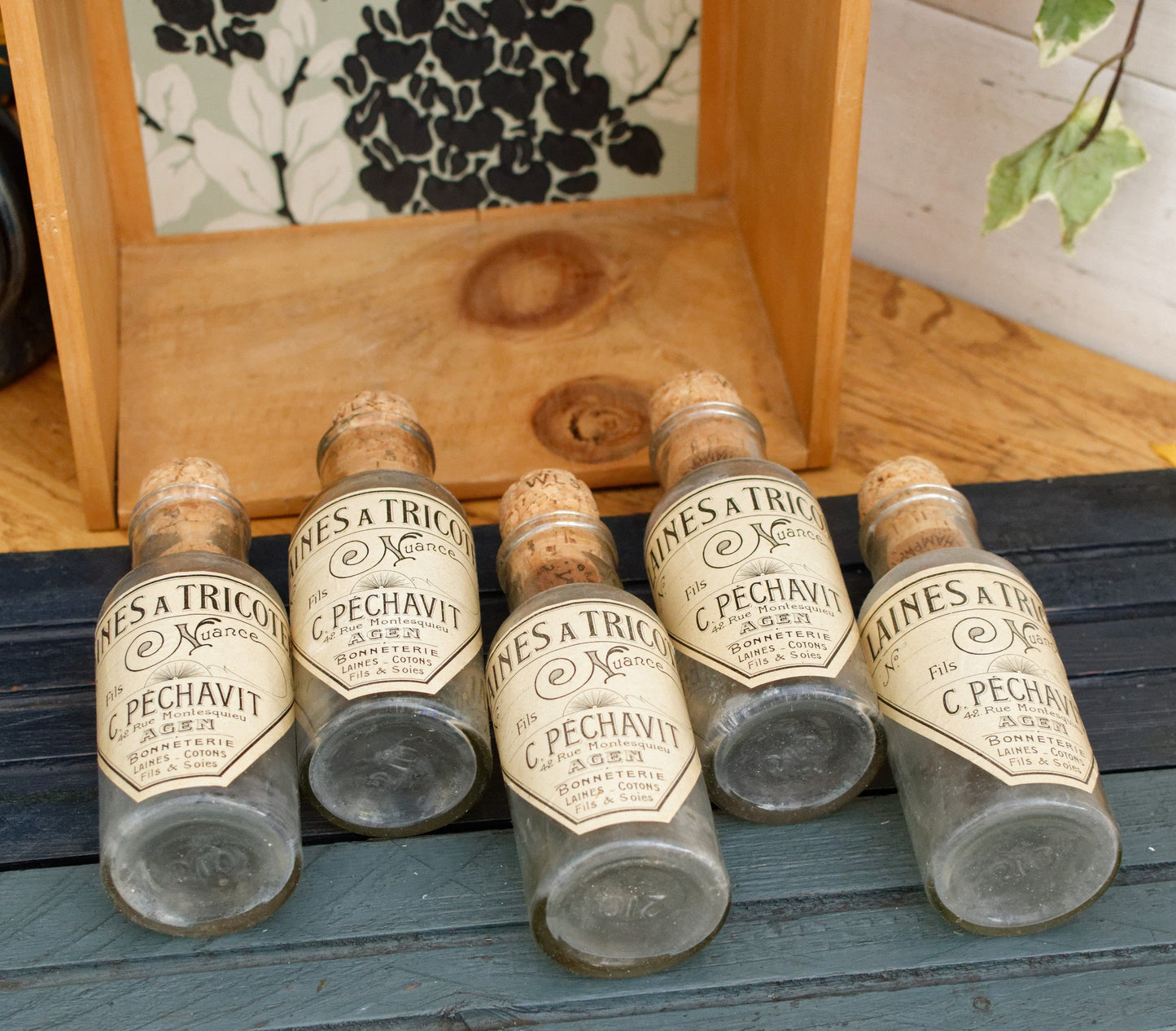 French Vintage Collectible Advertising Glass Bottle Set of 5 Bonneterie LAINE COTONS FILS & SOIES Laines au Tricot Fils Nuance C Pechavit 42 Rue Montesquieu AGEN