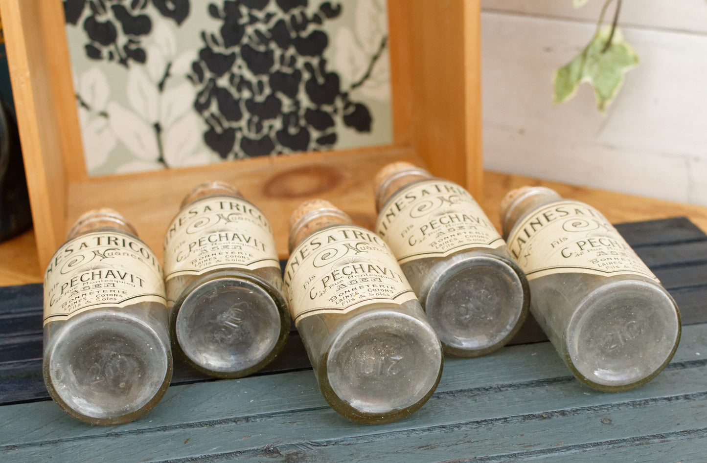 French Vintage Collectible Advertising Glass Bottle Set of 5 Bonneterie LAINE COTONS FILS & SOIES Laines au Tricot Fils Nuance C Pechavit 42 Rue Montesquieu AGEN