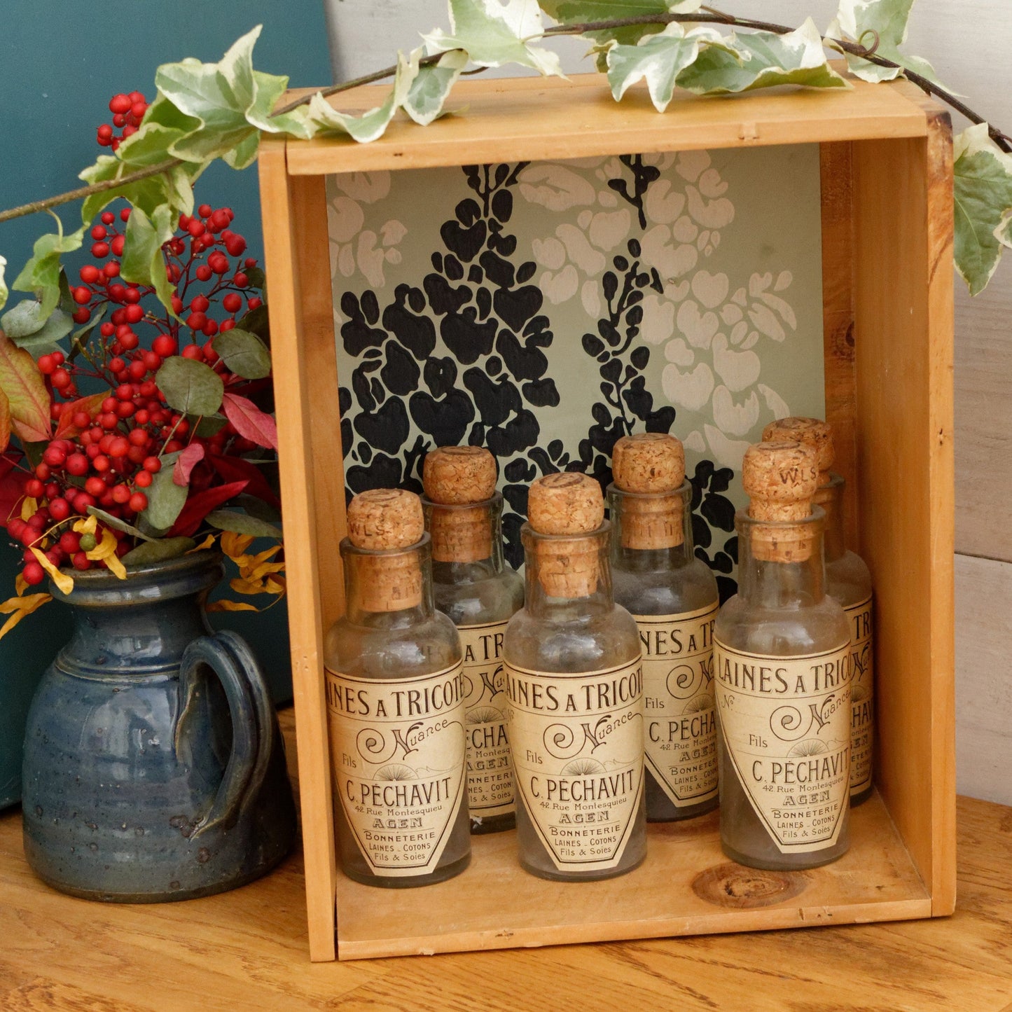 French Vintage Collectible Advertising Glass Bottle Set of 5 Bonneterie LAINE COTONS FILS & SOIES Laines au Tricot Fils Nuance C Pechavit 42 Rue Montesquieu AGEN