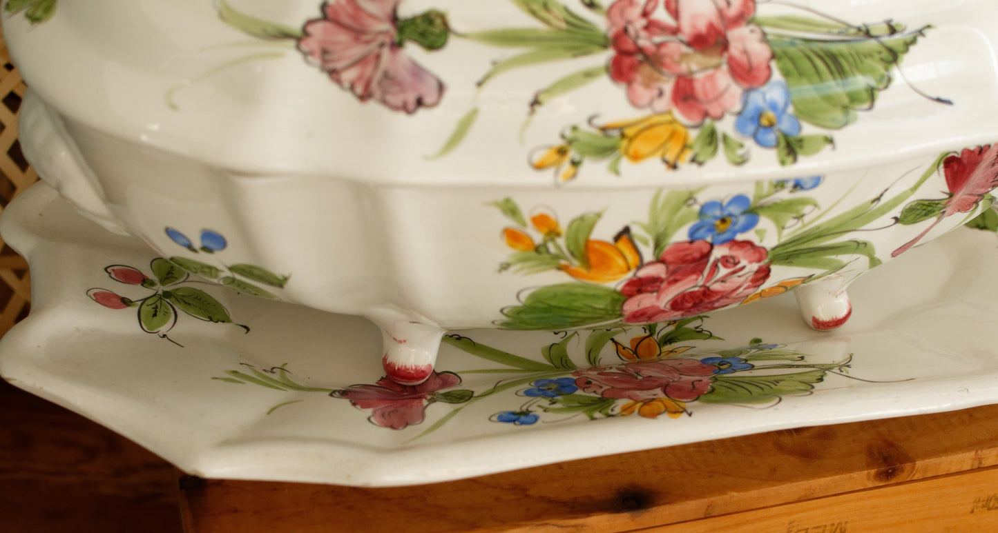 French Vintage Hand-Painted Ironstone Polychrome Soup Tureen Soupière with Oval Plate Terre de Fer Faience