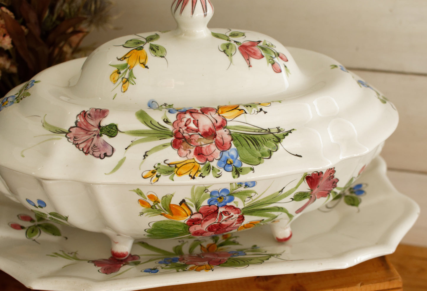 French Vintage Hand-Painted Ironstone Polychrome Soup Tureen Soupière with Oval Plate Terre de Fer Faience