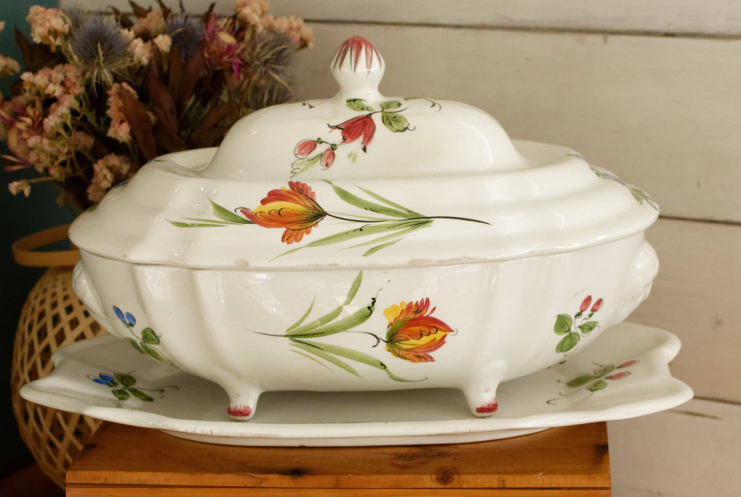 French Vintage Hand-Painted Ironstone Polychrome Soup Tureen Soupière with Oval Plate Terre de Fer Faience