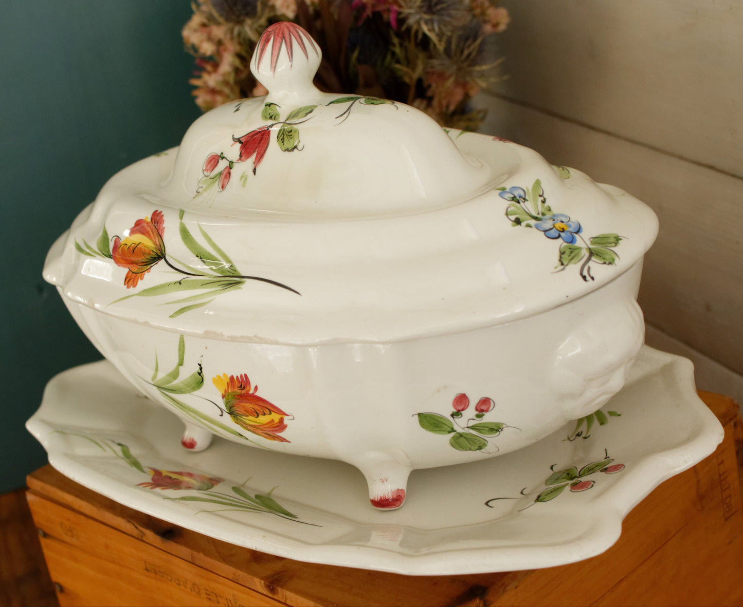 French Vintage Hand-Painted Ironstone Polychrome Soup Tureen Soupière with Oval Plate Terre de Fer Faience