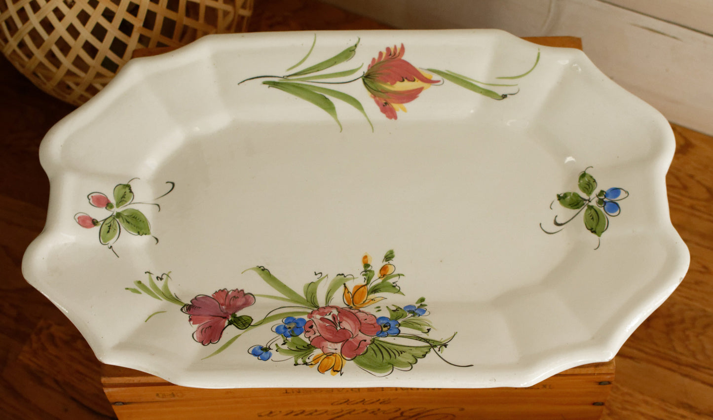 French Vintage Hand-Painted Ironstone Polychrome Soup Tureen Soupière with Oval Plate Terre de Fer Faience
