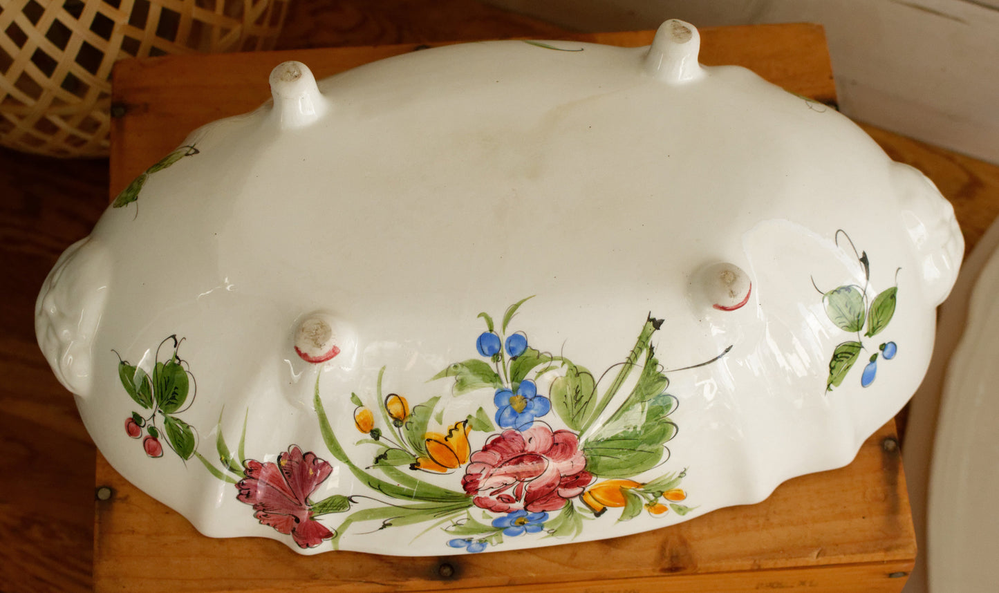 French Vintage Hand-Painted Ironstone Polychrome Soup Tureen Soupière with Oval Plate Terre de Fer Faience