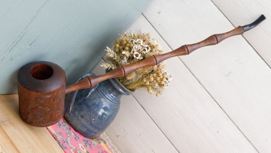 French Vintage Handcarved Decorative Wooden Smoking Pipe ~ Collectible Oversized Large Stem Pipe