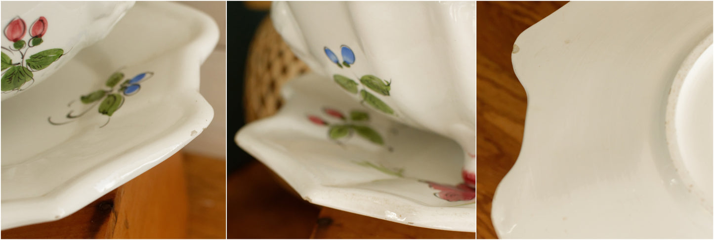 French Vintage Hand-Painted Ironstone Polychrome Soup Tureen "Soupière" with Oval Plate ~ Terre de Fer Faience