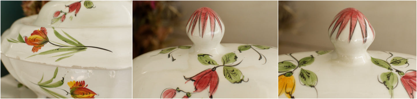 French Vintage Hand-Painted Ironstone Polychrome Soup Tureen "Soupière" with Oval Plate ~ Terre de Fer Faience