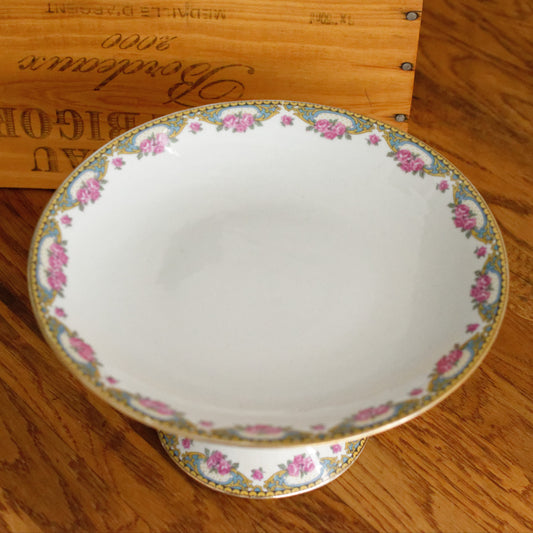 LIMOGES France French Antique Fine Porcelain Footed Cake Fruit Bowl Plate Compotier Rose Gold Garland Gilding