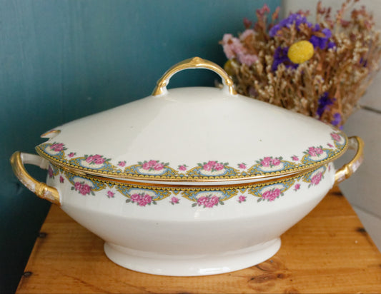 LIMOGES France French Antique Fine Porcelain Soup Tureen Soupiere Rose Gold Garland Gilding