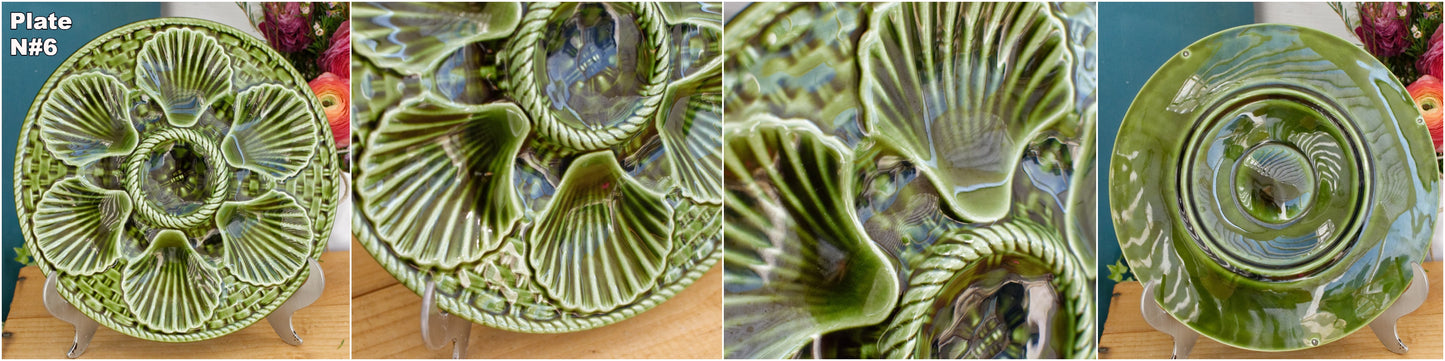 French Vintage BARBOTINE Green Oyster Shellfish Huître Plate with 6 Wells LONGCHAMP Made in France