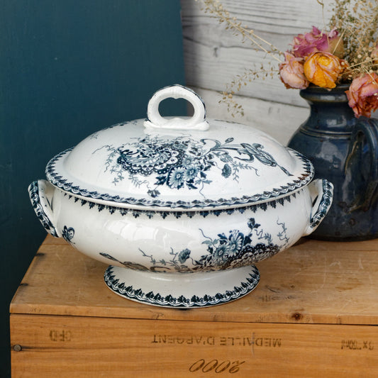 1900s LOUIS XV Ste Amandinoise French Antique Ironstone Blue Transferware Soup Tureen Soupiere Terre de fer Faience