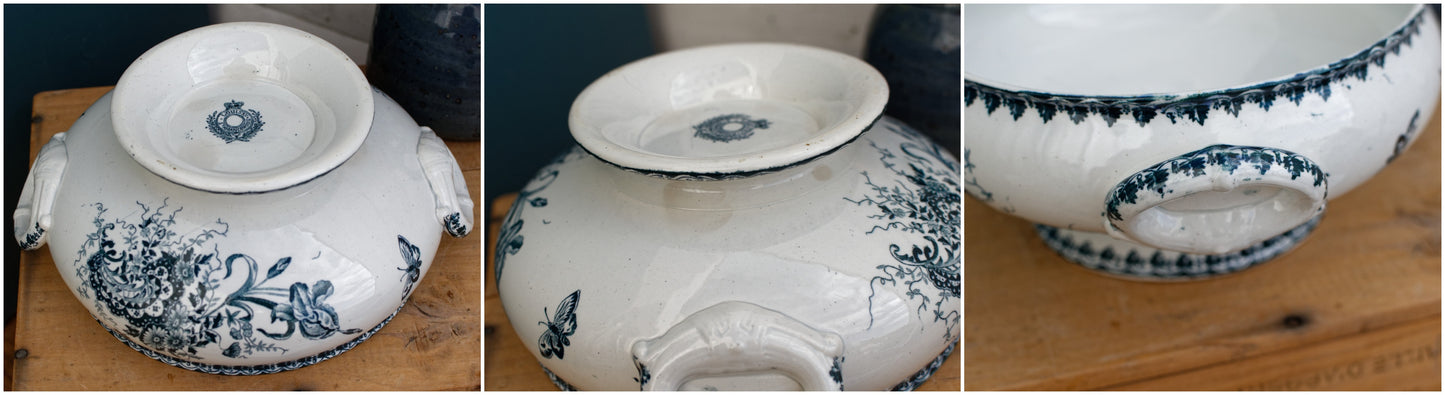 1900s LOUIS XV Ste Amandinoise French Antique Ironstone Blue Transferware Soup Tureen Soupiere Terre de fer Faience