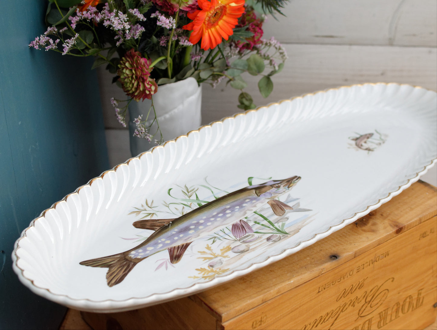 1930's K&G (Keller et Guérin) Lunéville French Vintage Fine Porcelain Fish Plate Platter Made in France