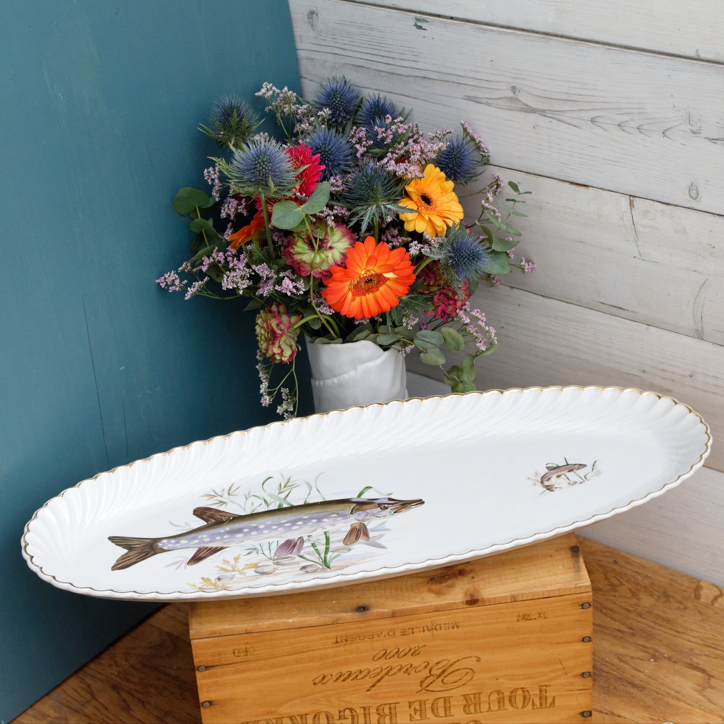 1930's K&G (Keller et Guérin) Lunéville French Vintage Fine Porcelain Fish Plate Platter Made in France