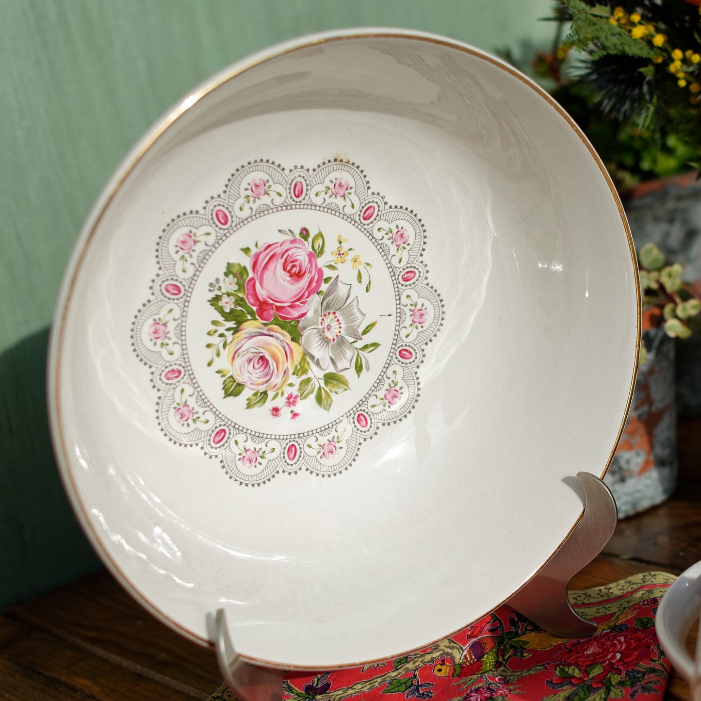1930s ~ K&G (Keller et Guérin) Luneville ~ French Antique Ironstone Floral Porcelain Floral Round Serving Bowl ~ Terre de Fer