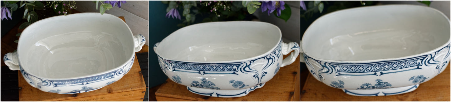 MANON Saint Amand Hamage French Antique Ironstone Blue Transferware Rectangle Soup Tureen Soupiere Terre de Fer en Faience