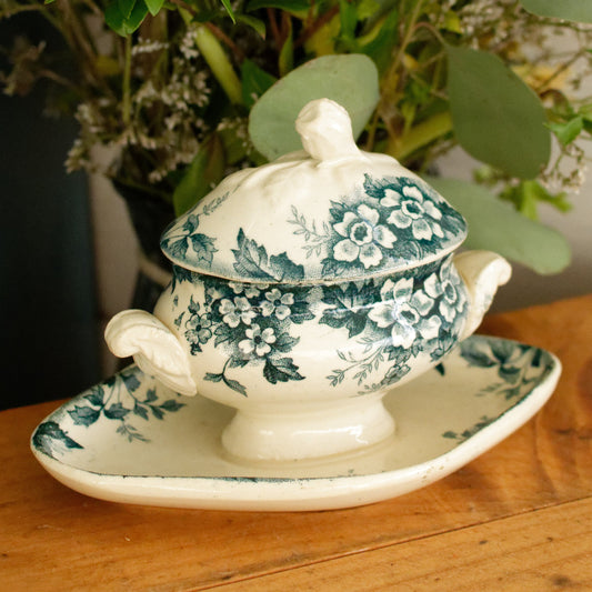 MARIE LOUISE motif Moulin des Loups & Hamage Nord French Antique Ironstone Blue Transferware Mustard Pot Jar Moutardier Terre de Fer Faience