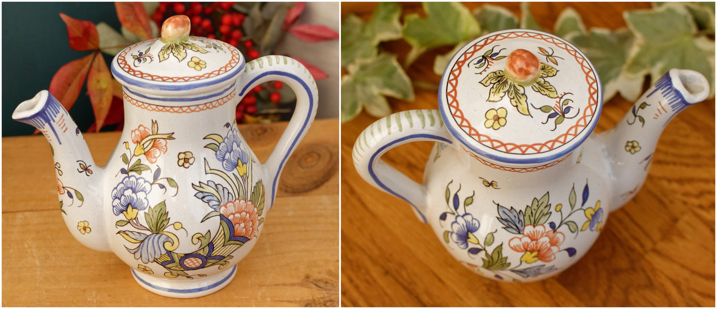 French Vintage MOUSTIERS Vieux Rouen Style Hand-Painted Faience Collectible Earthenware Covered Serving Piece & Small Pot La Faience de Moustiers