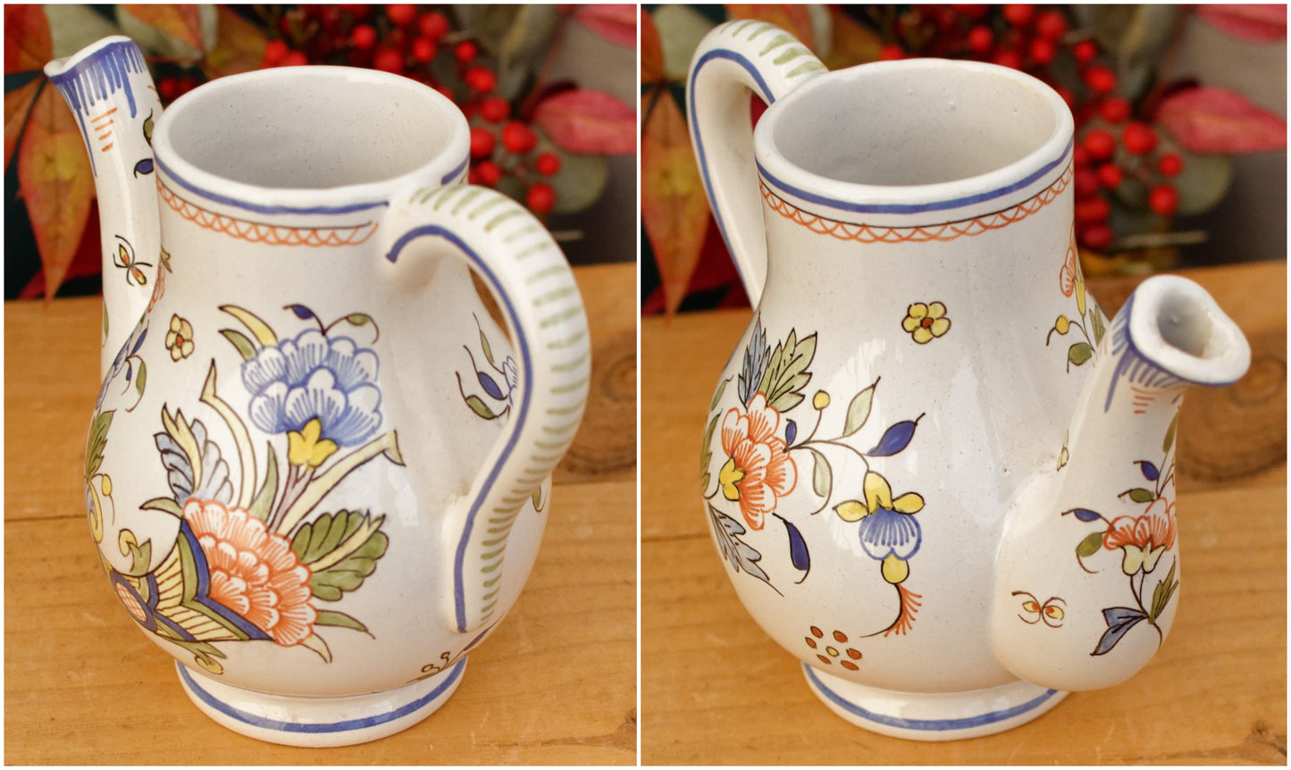 French Vintage MOUSTIERS Vieux Rouen Style Hand-Painted Faience Collectible Earthenware Covered Serving Piece & Small Pot La Faience de Moustiers