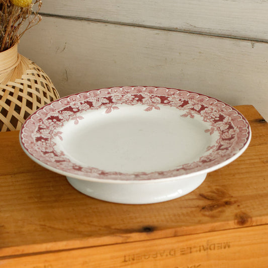 MURIER Saint Amand & HAMAGE NORD French Antique Ironstone Red Transferware Footed Cake Plate Plat à gâteau sur pied Terre de Fer