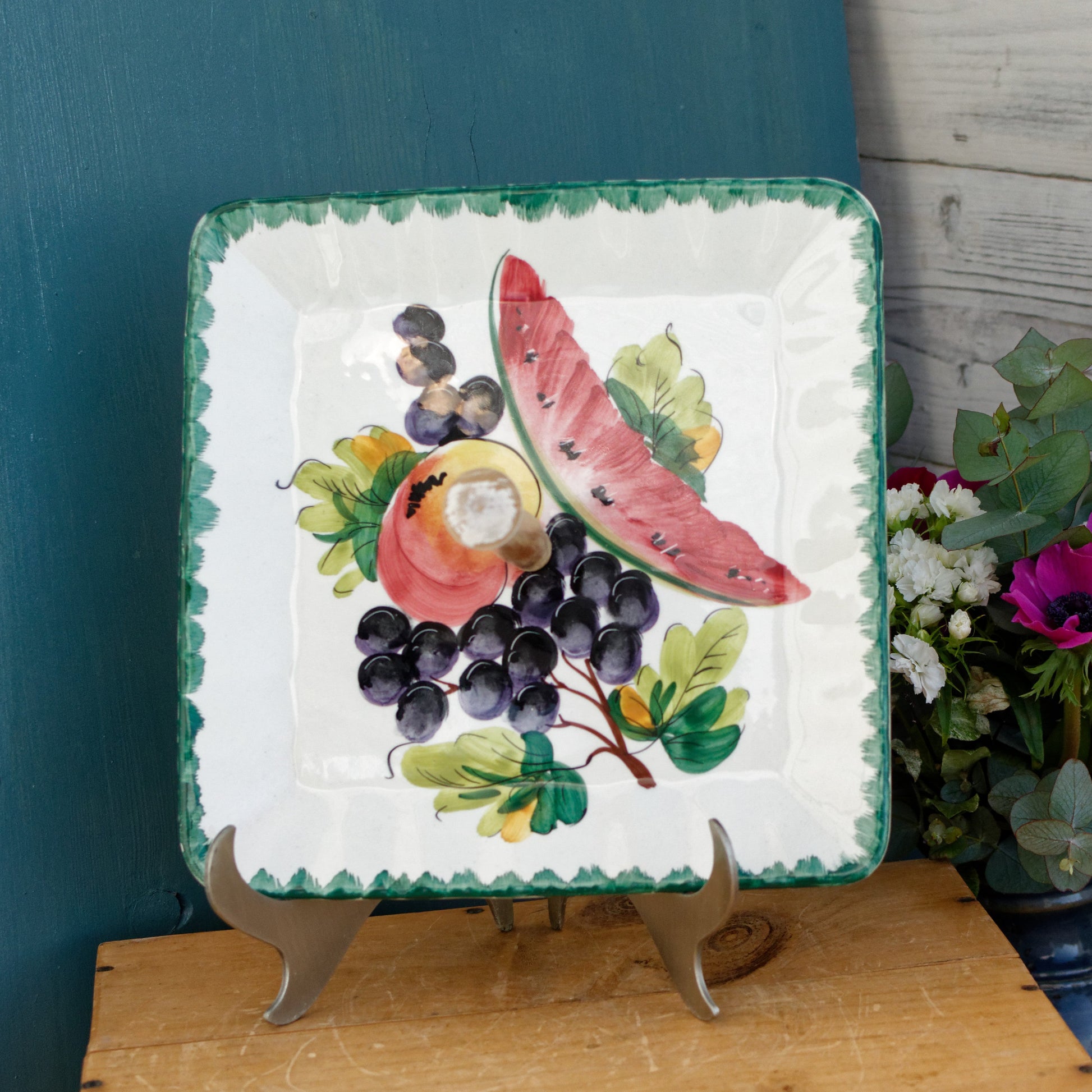 Made in Italy French Vintage Ironstone Hand-Painted Fruit Scene Porcelain Square Serving Piece with detachable handle Terre de Fer
