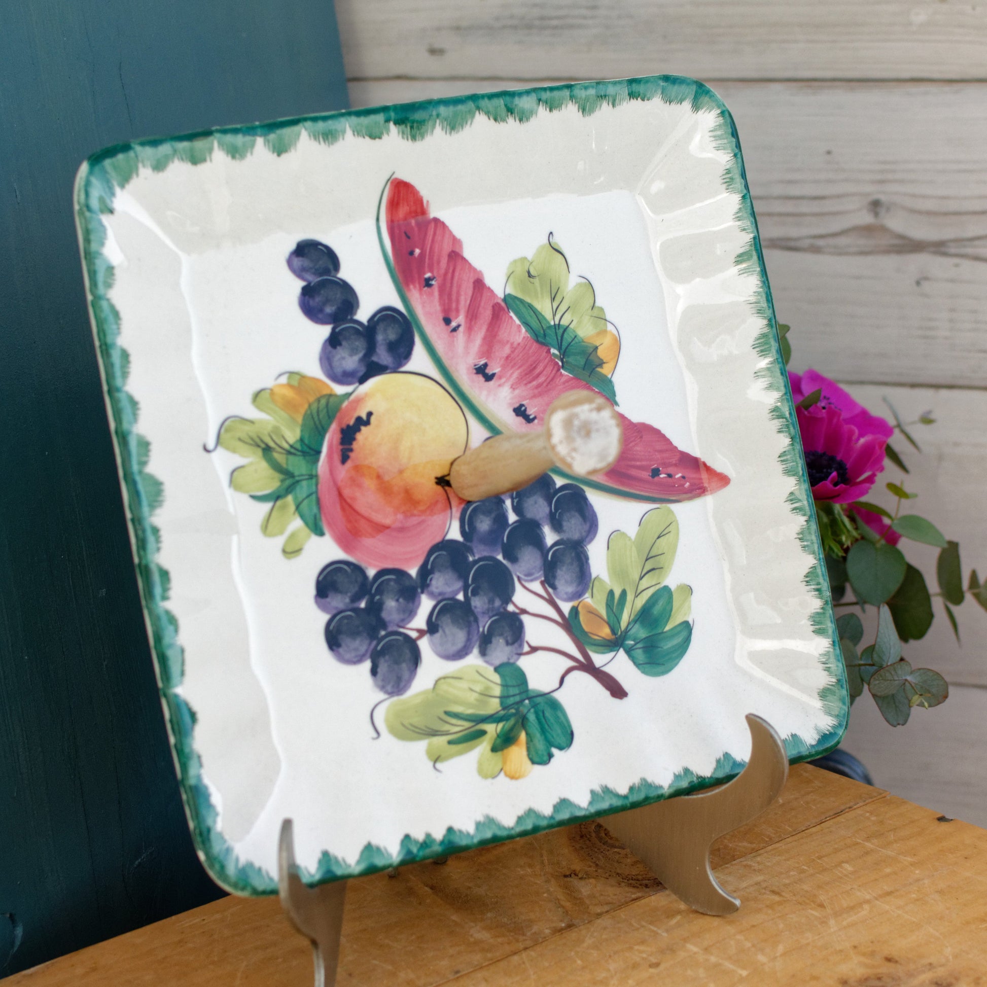 Made in Italy French Vintage Ironstone Hand-Painted Fruit Scene Porcelain Square Serving Piece with detachable handle Terre de Fer