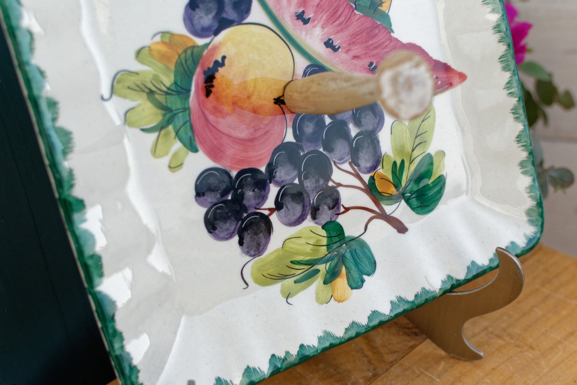 Made in Italy French Vintage Ironstone Hand-Painted Fruit Scene Porcelain Square Serving Piece with detachable handle Terre de Fer