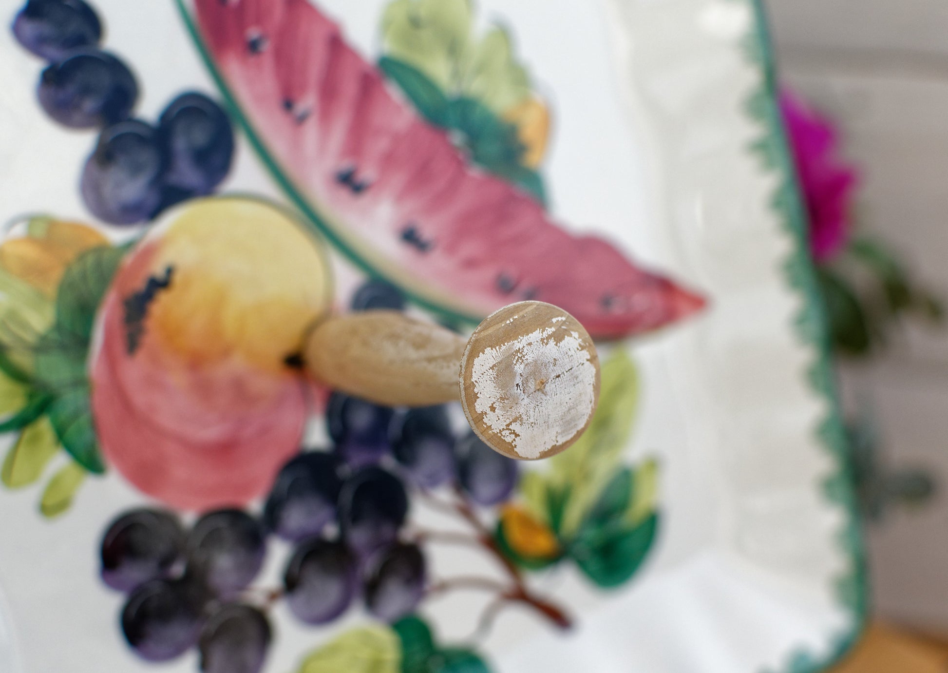 Made in Italy French Vintage Ironstone Hand-Painted Fruit Scene Porcelain Square Serving Piece with detachable handle Terre de Fer