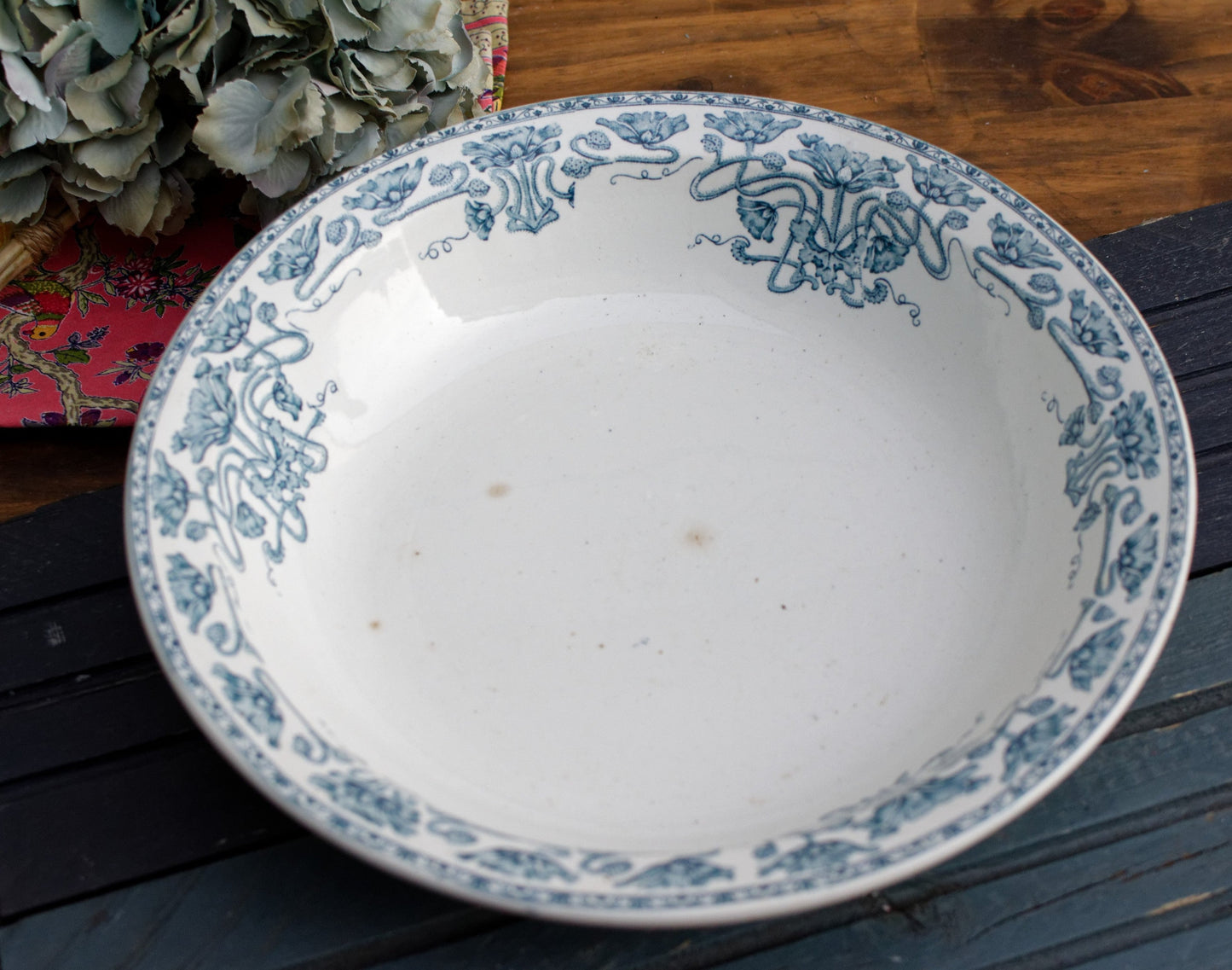 1890s ~ "MARSALA" GIEN ~ French Antique Ironstone Blue Transferware Serving Bowl ~ Terre de fer