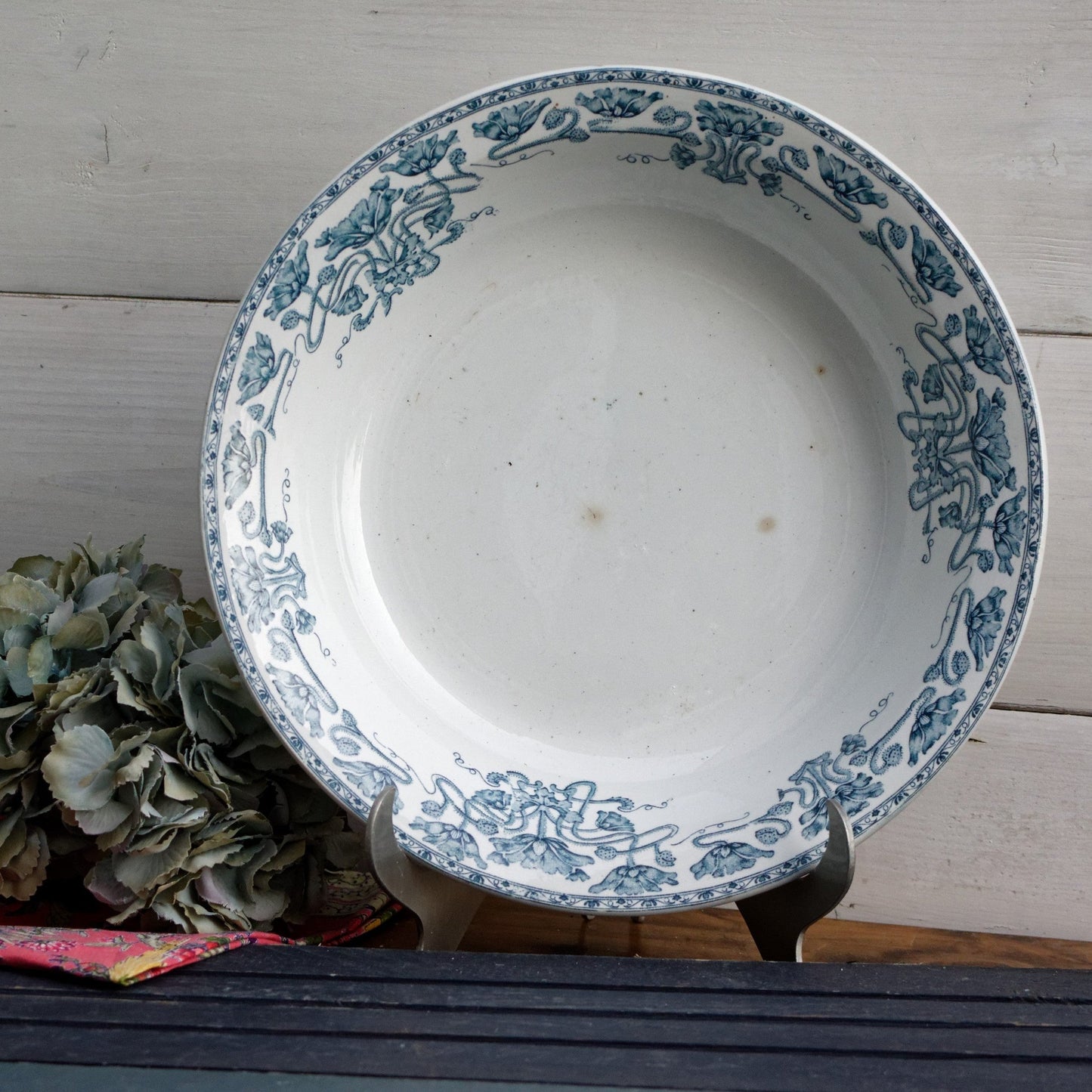 1890s ~ "MARSALA" GIEN ~ French Antique Ironstone Blue Transferware Serving Bowl ~ Terre de fer