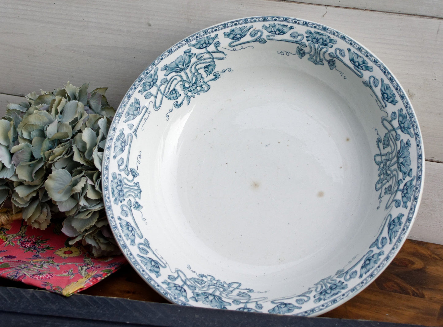 1890s ~ "MARSALA" GIEN ~ French Antique Ironstone Blue Transferware Serving Bowl ~ Terre de fer