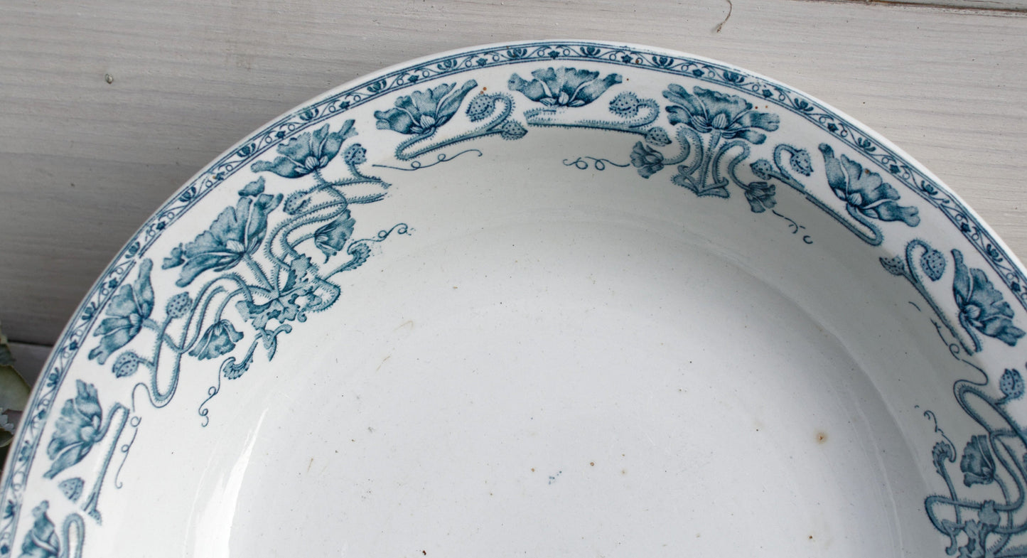 1890s ~ "MARSALA" GIEN ~ French Antique Ironstone Blue Transferware Serving Bowl ~ Terre de fer