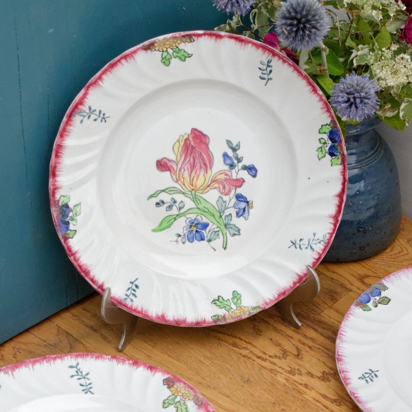 MARSEILLE LONGWY French Antique Ironstone Hand-Painted Floral Dinner Plate Terre de Fer Faience
