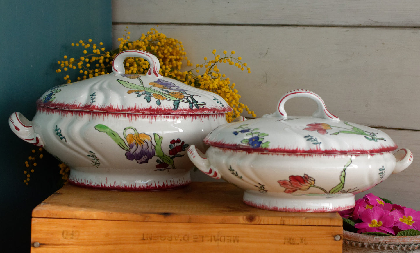 MARSEILLE Motif LONGWY French Antique Ironstone Hand-Painted Floral Polychrome Small Soup Tureen Soupiere Terre de Fer en Faience