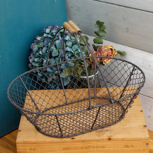 French Vintage Wire Harvest Basket with Wooden Handle