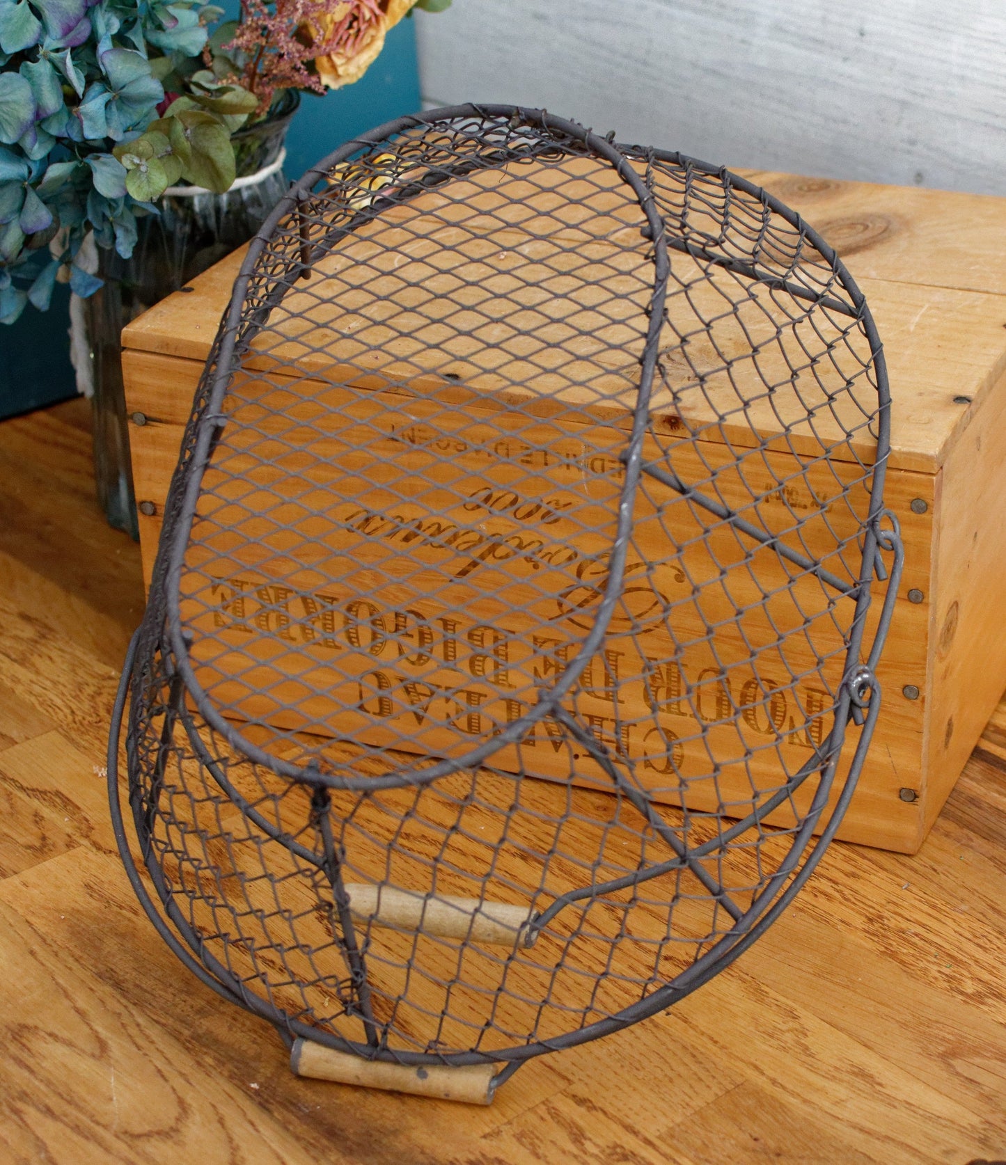 French Vintage Wire Harvest Basket with Wooden Handle