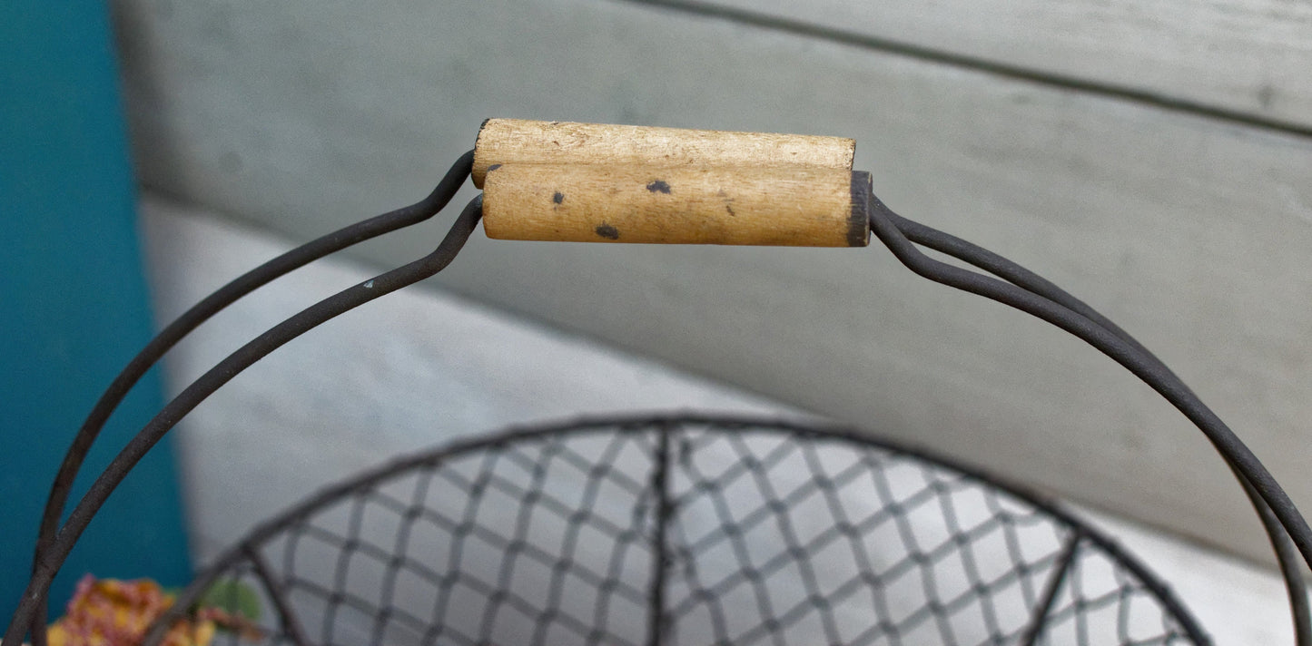 French Vintage Wire Harvest Basket with Wooden Handle
