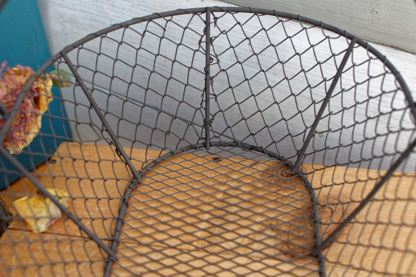 French Vintage Wire Harvest Basket with Wooden Handle